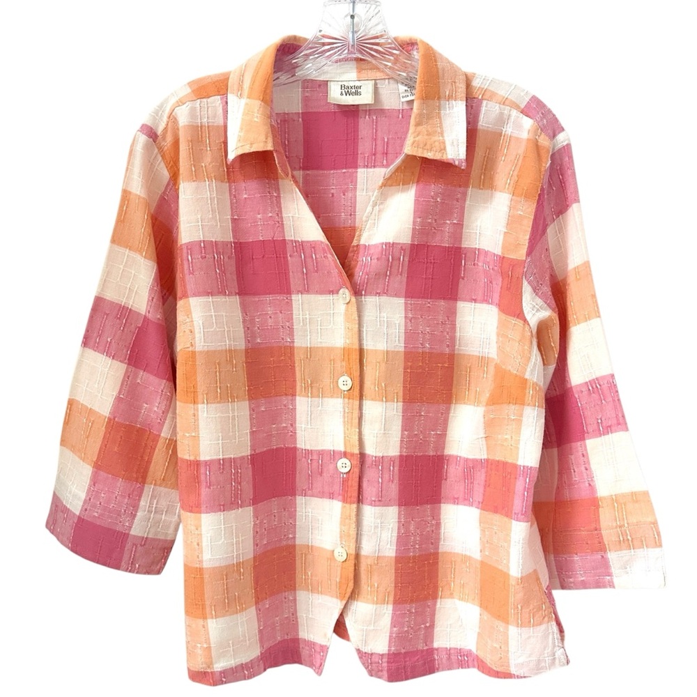 Baxter & Wells 100% Cotton Pink Orange White Plaid Blouse Size Large